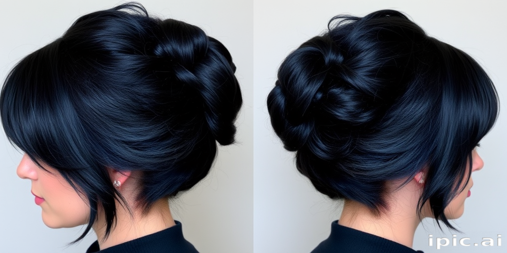 Raven black hair with subtle blue undertones, styled in a sleek, high bun with choppy bangs, the Midnight Raven style exudes mysterious allure and polished sophistication