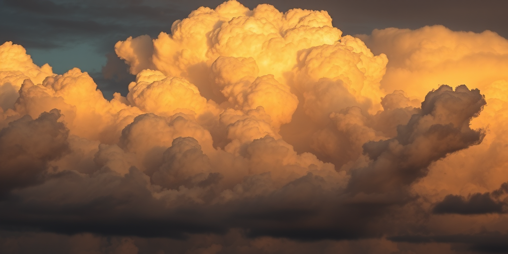 capture a dramatic sky filled with towering clouds illuminated by sunset light with details in each cloud formation, using a DSLR camera with a 24mm lens, f/8 aperture, ISO 100, and a golden hour setting for enhanced color vibrancy and soft shadows