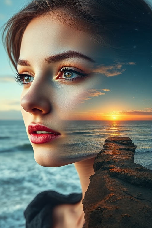 imagine Book cover, A surreal double exposure portrait that blends a woman's face with a beautiful seascape. The overall mood is dreamy and mystical, with rich colors and intricate details