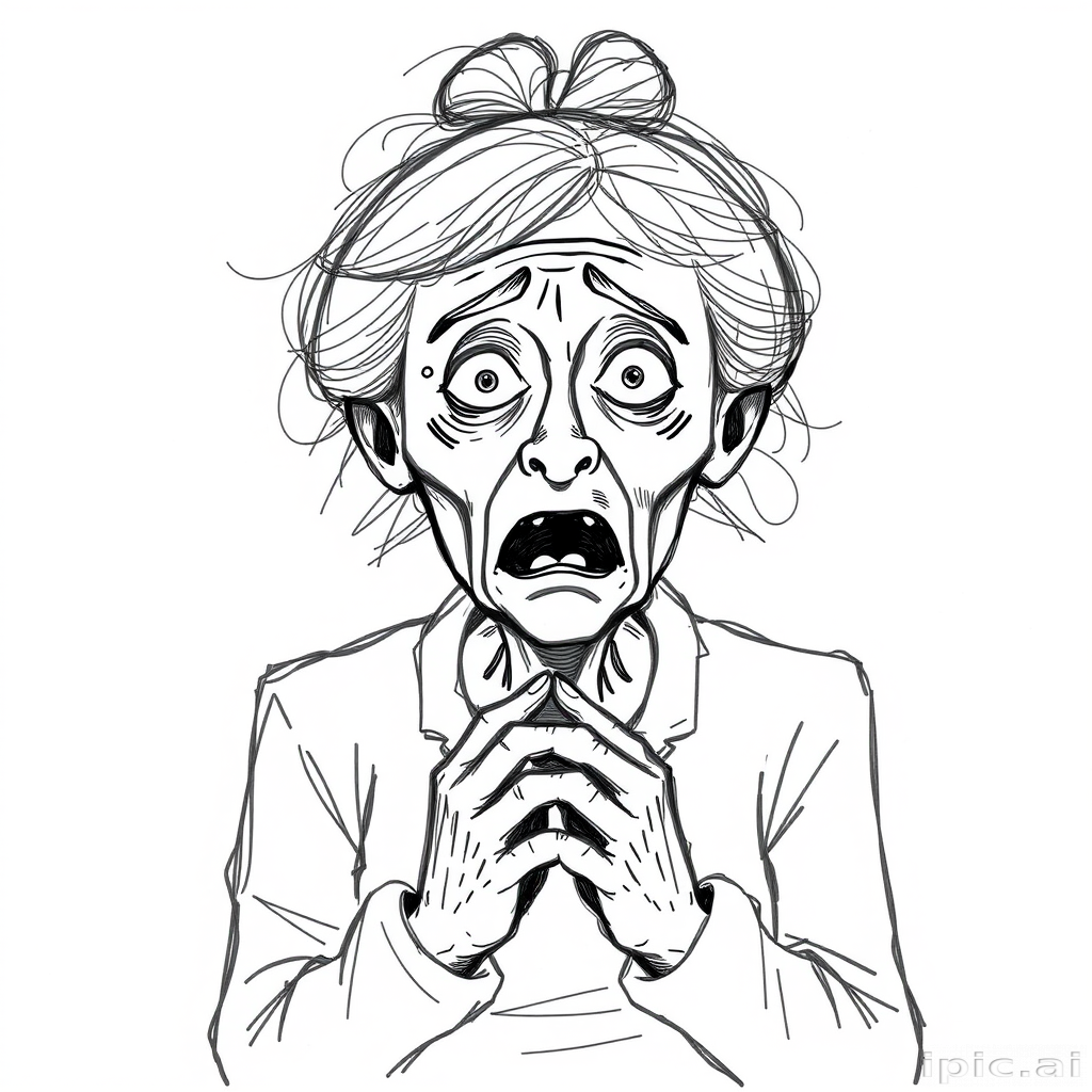 scribbly unfinished sketch, old lady with messy gray hair in a loose bun, surprised expression, mouth open, hands clasped together in front of her chest. Her eyes are wide, eyebrows are furrowed. vibe of shock or surprise.