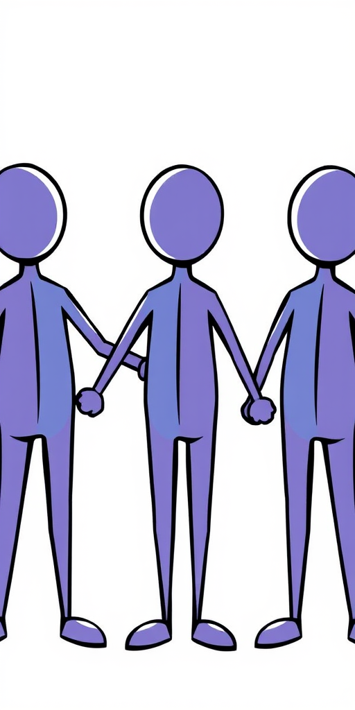 Generate a high-quality vector illustration of three stick figures holding hands, with vibrant colors, clean lines, and a transparent background, using a 50mm lens at f/4, ISO 100, and a shallow depth of field for crisp detail.