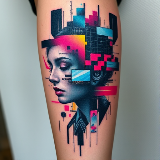 Glitch art tattoo incorporating digital distortion effects and pixelated elements, fragmented imagery and color shifts, modern technological aesthetic with a surreal twist