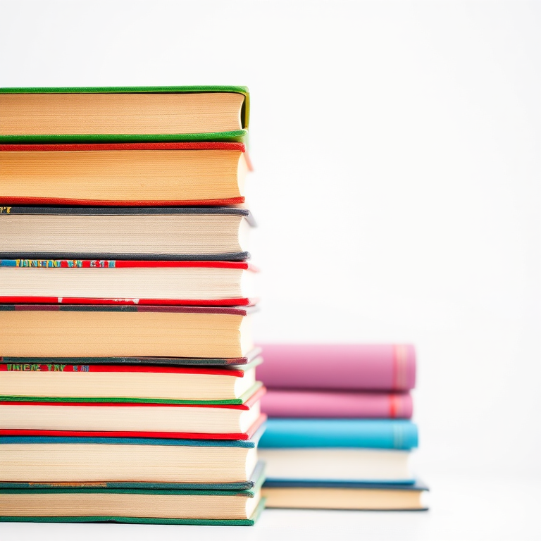 a stack of colorful books on a white background, detailed view, shot with a 50mm lens, f/2.8 aperture, ISO 100, soft diffused lighting, DSLR camera, high resolution