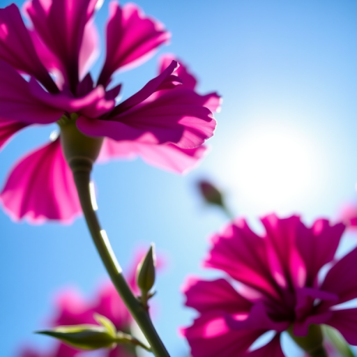 Close-up of a vibrant purple carnation flower against a clear blue sky, aperture f/2.8, shutter speed 1/200s, ISO 100, taken with a macro lens on a DSLR camera, shallow depth of field to blur the background.