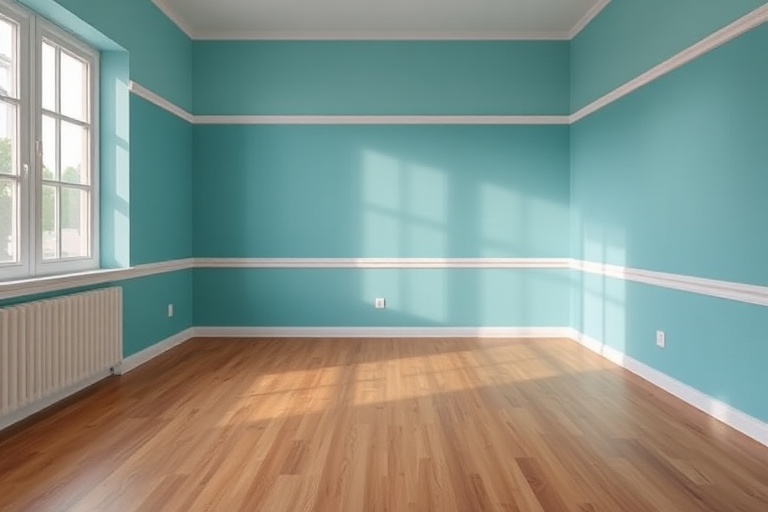 A well-lit empty room with teal striped walls and a wooden floor, captured with a DSLR camera at f/8 aperture, ISO 200, 24mm focal length, and a wide-angle lens for a clear, vibrant image.