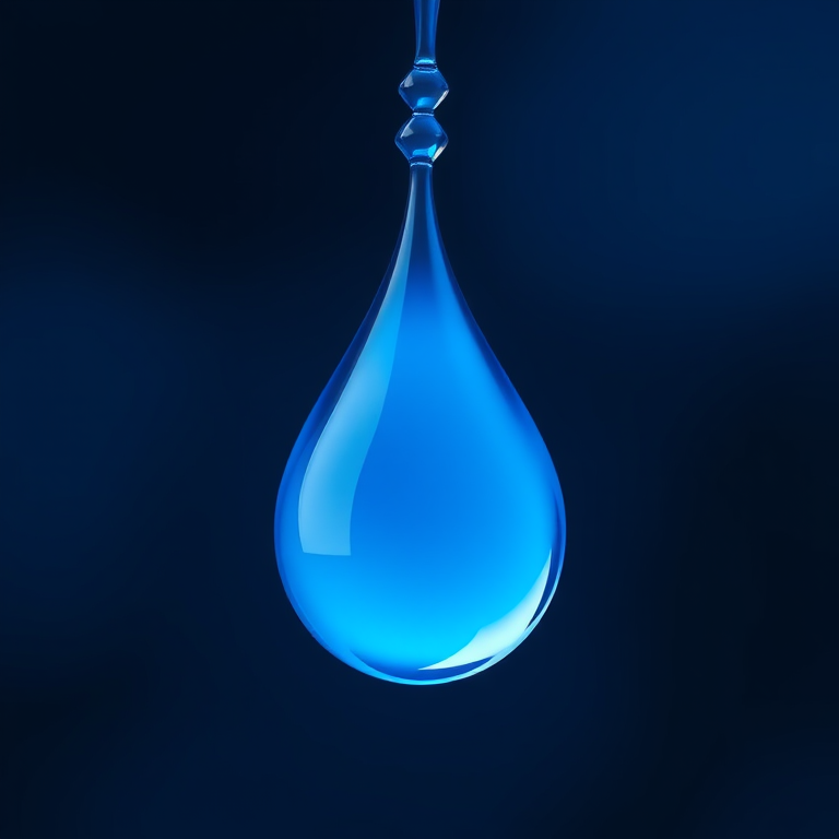 Create a high-resolution digital illustration of a stylized blue droplet, using a Canon EOS R5 camera at f/8, ISO 100, 1/200s shutter speed, captured from a slightly angled top-down view with a soft-focus background to enhance the droplet's appearance.