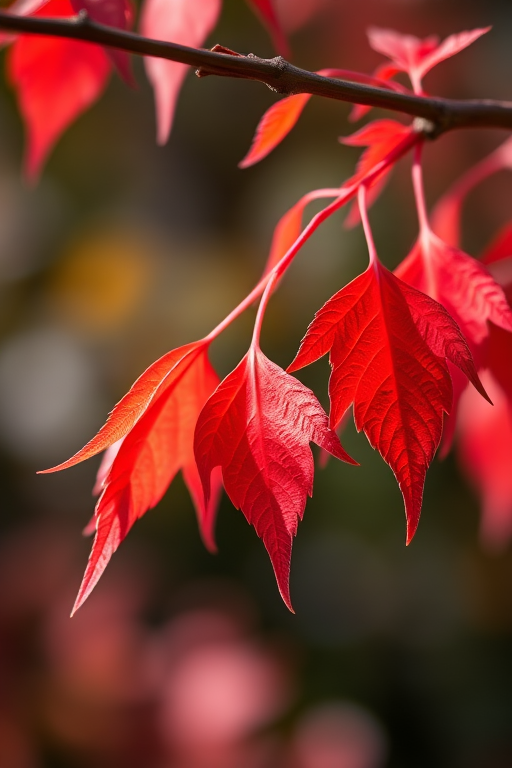 close-up view of bright red leaves hanging from a branch, macro photography, f/2.8 aperture, ISO 100, 1/200 sec shutter speed, natural light, DSLR camera