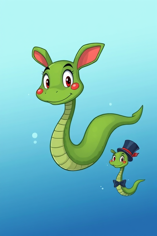 create a cartoon-style illustration of a long green serpent with a friendly face, large ears, and exaggerated features, swimming with playful expressions against a gradient blue background, with a smaller version of the serpent nearby wearing a top hat and bowtie