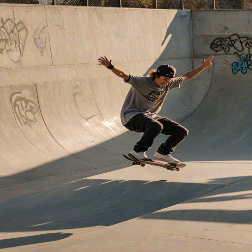 Blurry action shot of a skateboarder mid-air above a concrete ramp, sunlight casting long shadows, the graffiti-covered walls of the skatepark in the background, distant onlookers watching, the sound of rolling wheels and cheers filling the air.