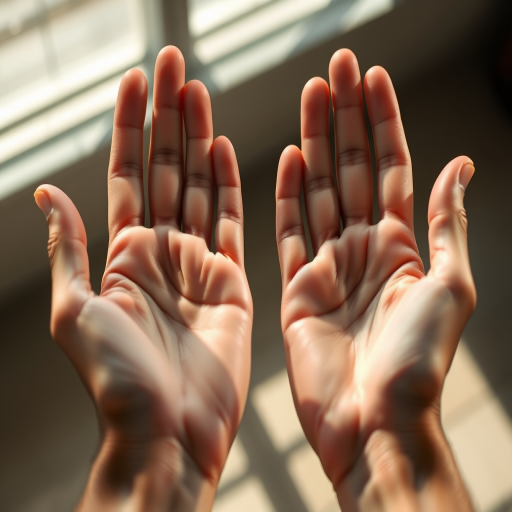 Create a detailed illustration of two open hands palms up, with realistic textures and shadows, shot with a Canon EOS R5 at f/2.8, 50mm lens, in natural light, in a soft-focus style to enhance depth and detail.