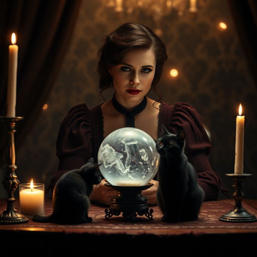 Create a moody, atmospheric scene featuring a woman in Victorian attire sitting at a table with a crystal ball and a black cat, illuminated by candlelight, using a Canon EOS R5 with a 50mm lens, aperture f/1.8, ISO 200, and a soft focus for a dreamy effect.
