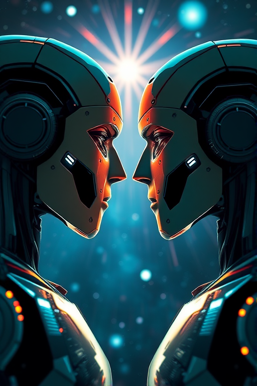 Create a hyper-realistic image of two futuristic humanoid robots facing each other, with a vibrant cosmic background featuring a luminous starburst, using a Canon EOS R5 camera with a 50mm f/1.2 lens, aperture set to f/1.8, ISO 100, exposure time of 1/125 sec, capturing in high dynamic range and enhanced color saturation for clarity and depth.