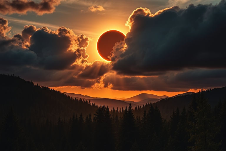 create a dramatic landscape of a solar eclipse above a mountain forest at sunset with dark ominous clouds, focusing on rich textures and sharp details, captured with a Canon EOS R5 at f/8, ISO 100, 24mm lens, golden hour lighting, high dynamic range for enhanced contrast and colors.
