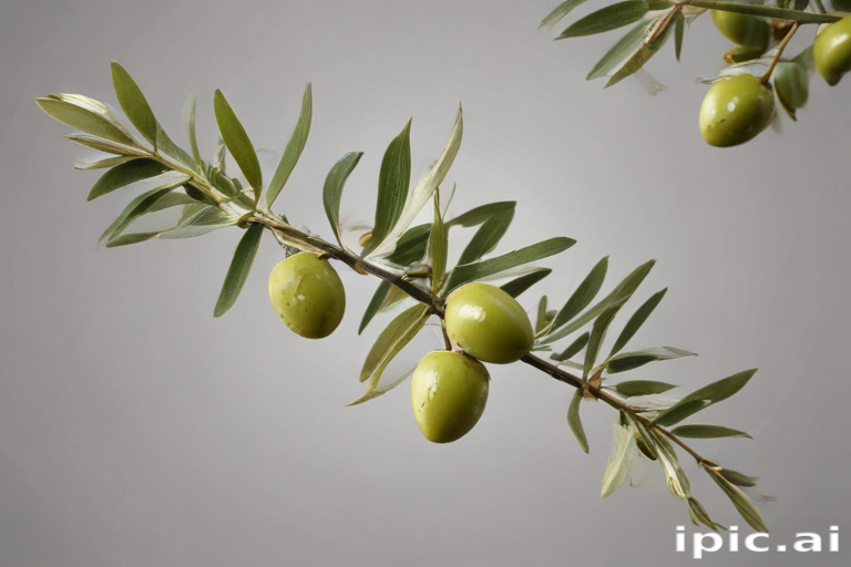 Fresh Green Olives Hanging from a Branch with Lush Leaves