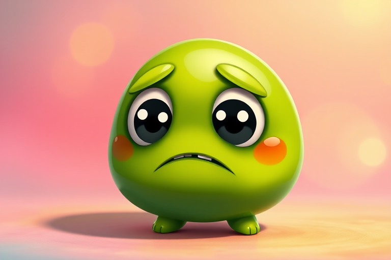 Create a vibrant digital illustration of a sad green blob character with large expressive eyes, showcasing a glossy finish and soft shading, captured in a 36mm lens with f/2.8 aperture, with side lighting to enhance the character's emotional depth, focusing on a colorful and smooth background for contrast, using a high-resolution digital camera.