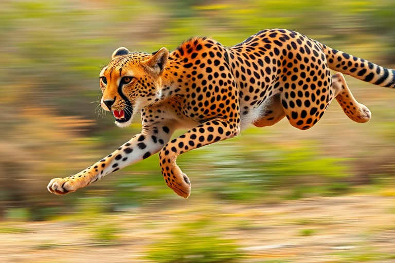Create a dynamic illustration of a cheetah sprinting with vivid colors and sharp details, using a DSLR camera with a 50mm lens at f/2.8, 1/1000s shutter speed, and ISO 200, taken from a low angle to emphasize speed and agility.