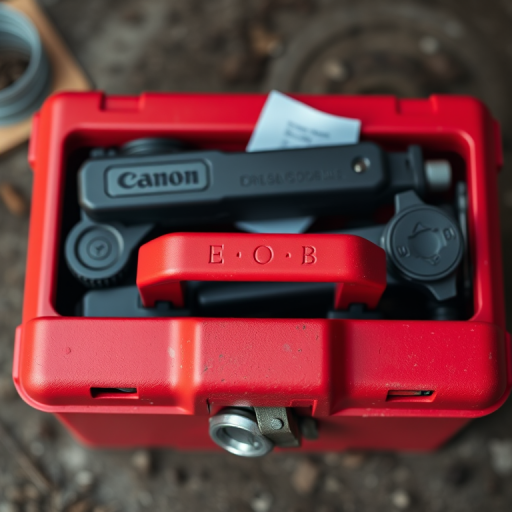 Create a high-resolution image of a red toolbox with a lock, using a Canon EOS 5D Mark IV camera, 50mm lens, f/2.8 aperture, ISO 100, natural lighting, top-down view, and a shallow depth of field for enhanced focus on the toolbox.