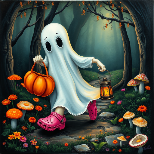 whimsical acrylic and oil painting, 3D, of a ghost, walking and carrying an orange pumpkin bucket and a lantern in the other hand, with bright pink croc shoes, background path in the enchanted forest, wildflowers, colorful mushrooms misty hues of black and orange with bright gold glitter, ultra detailed..Inspired by a prompt from another group