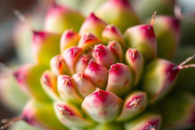 Close-up of a vibrant cactus with pink and green coloration, shallow depth of field, natural light, macro lens at f/2.8, 50mm focal length, ISO 100, taken with a DSLR camera for enhanced detail and color contrast.