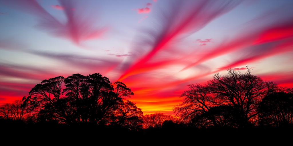 capture a vibrant sunset with dramatic red and orange hues, silhouetted trees in the foreground, 35mm lens, f/8 aperture, ISO 100, 1/200 sec exposure, use a tripod for stability, shot at golden hour for optimal light quality