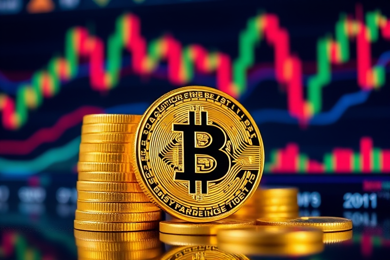 Create a high-resolution image depicting a stack of shiny gold Bitcoin coins in front of a dynamic financial chart, using a Canon EOS R5 with a 50mm f/1.2 lens, aperture set to f/2.8, ISO 100, and a shutter speed of 1/125 sec, focusing on vibrant colors and sharp details with a bokeh effect.