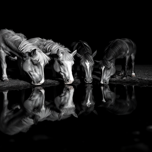 Regenerate an image of four horses drinking from a still water source at night, captured with a DSLR camera, 50mm lens, f/1.8 aperture, ISO 200, slow shutter speed to enhance the reflection, in black and white, low angle view.