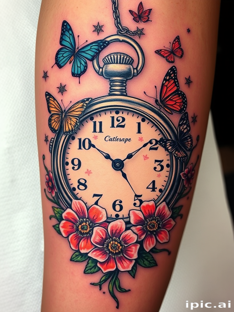 Surrealist tattoo titled "Dreamscape Fusion" portraying a melting pocket watch intertwined with blooming flowers and floating butterflies, blending reality and fantasy in a striking and thought-provoking design