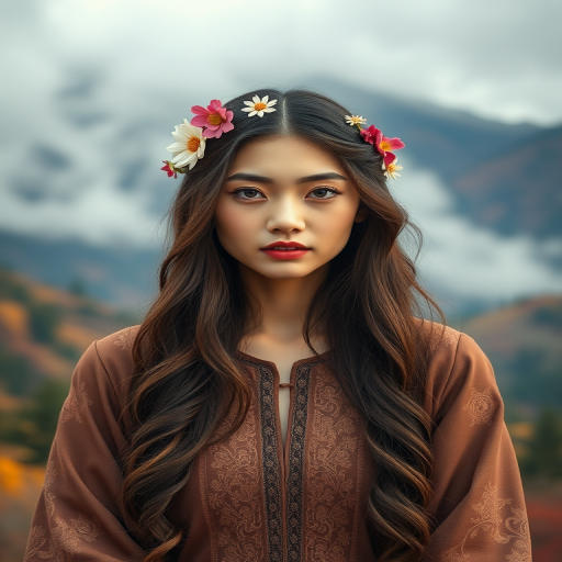 Regenerate a portrait of a serene woman with long hair adorned with flowers, wearing an intricate brown outfit, set against a dreamy landscape of misty mountains and colorful foliage, shot with a Canon EOS R5, 85mm f/1.2 lens, aperture f/2.0, ISO 100, natural soft lighting, enhanced with a slight bokeh effect.