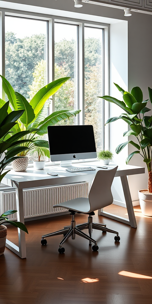 Create a high-resolution image of a modern office interior featuring a sleek white desk with a large iMac, a stylish chair, lush green plants, and large windows letting in natural light, using a Canon EOS R5 camera with a 24-70mm f/2.8 lens, f/5.6 aperture, ISO 400, and a wide-angle view to capture the ambiance.