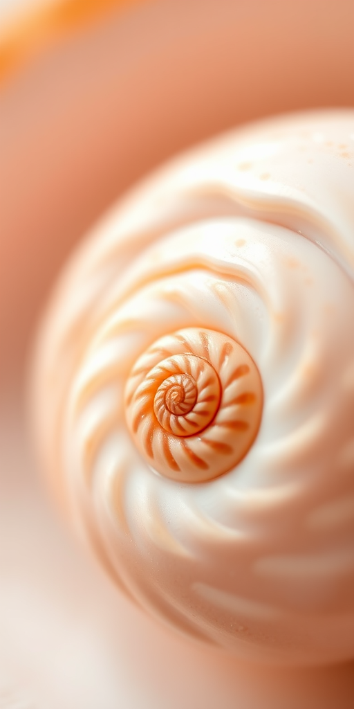 Capture a close-up of a nautilus shell with soft pastel colors, using a Canon EOS R5 with an 85mm lens, aperture f/2.8, ISO 100, and a shallow depth of field to achieve a smooth bokeh background, lighting from the side for gentle highlights.