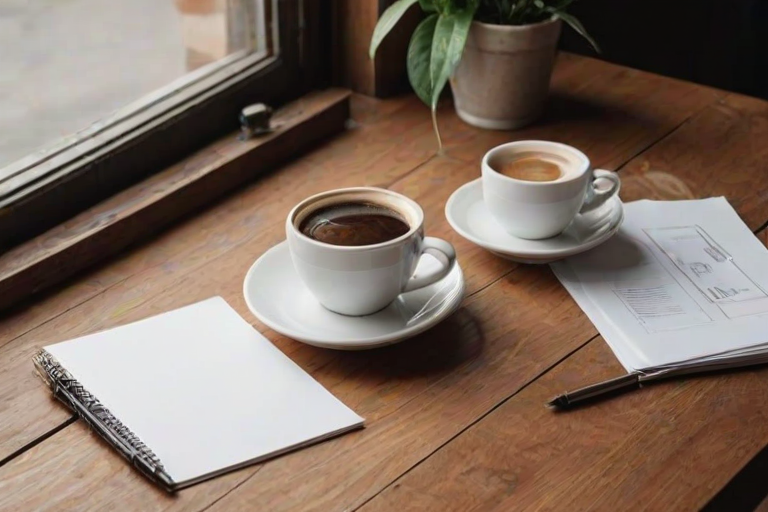 a blank white sheet of paper on a wooden table with a small plant in the corner, a cup of coffee with latte art, and a pen placed nearby
