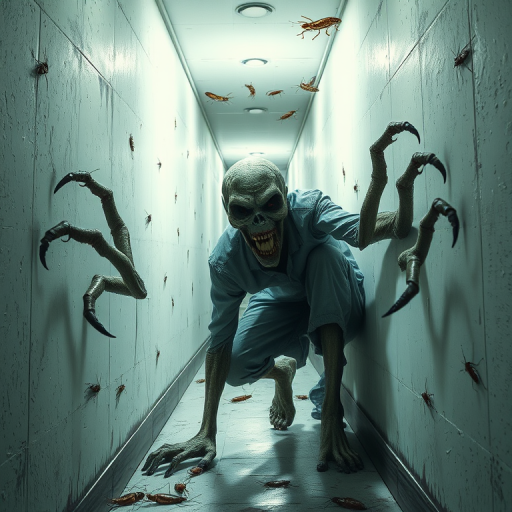 a crooked male with long arms and a creepy smile is crawling along a long white corridor and you can also see cockroaches in it there is a creepy atmosphere creepy art style
