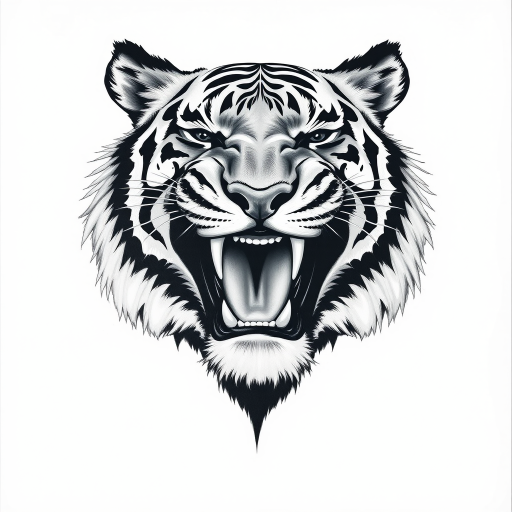 Abstract black and white acrylic portrait of an over exaggerated laughing (tiger). Minimalism style. White background.
