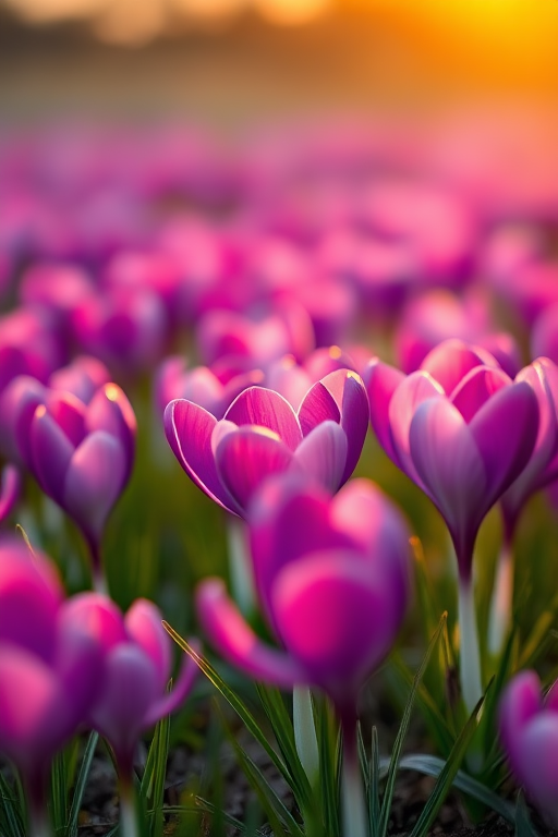 a vibrant field of purple crocuses in soft focus during golden hour, captured with a Canon EOS R5, 50mm lens, aperture f/1.8, ISO 100, shallow depth of field, warm lighting for enhanced detail and texture.