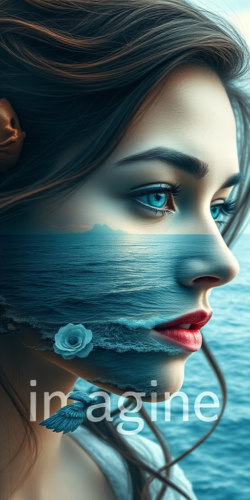 imagine Book cover, A surreal double exposure portrait that blends a woman's face with a beautiful seascape. The overall mood is dreamy and mystical, with rich colors and intricate details