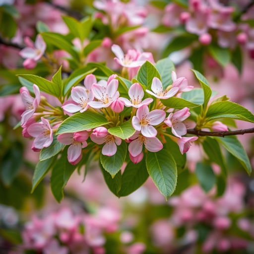 Capture a detailed close-up of a flowering chestnut tree with vibrant pink blossoms and lush green leaves, using a DSLR camera, 50mm lens, aperture f/2.8, ISO 100, and soft focus background for enhanced clarity and depth.