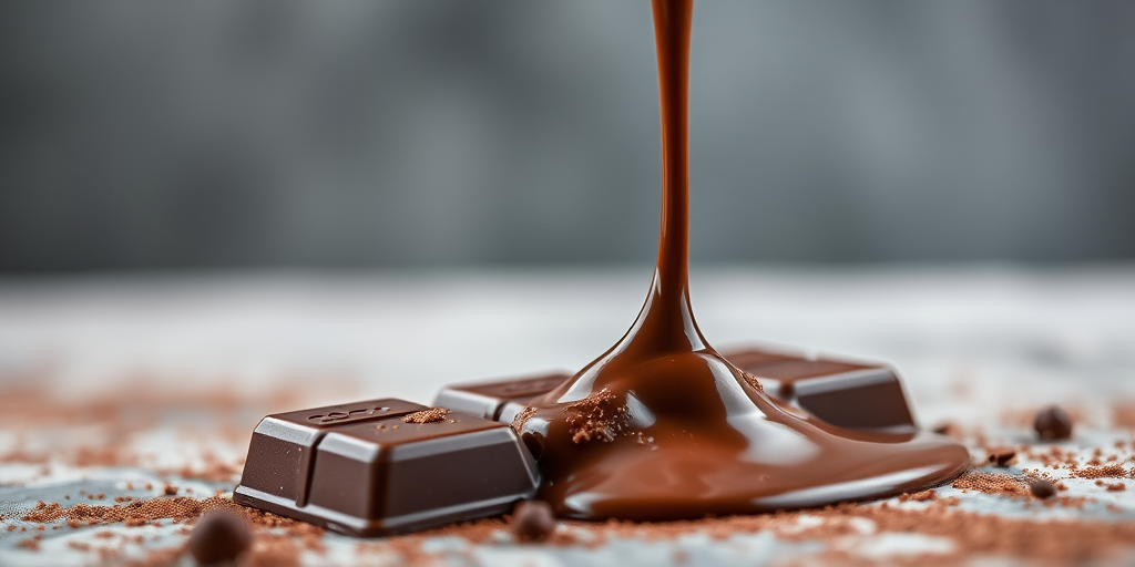 regenerate an image of a chocolate bar melting with rich, textured chocolate spilling out, taken with a Canon EOS R5 camera, 50mm f/1.8 lens, aperture set to f/2.8, ISO 100, 1/125 sec exposure, shallow depth of field for soft background blur, natural lighting for enhanced color and detail.