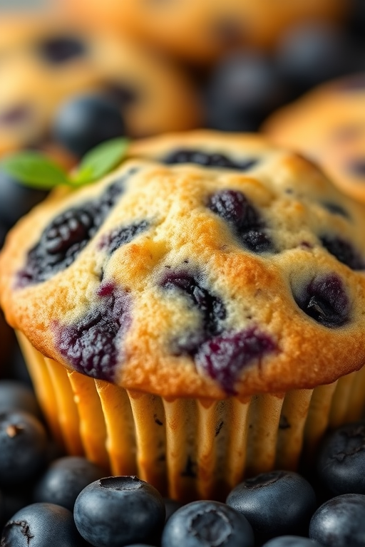 highly detailed close-up of a blueberry muffin surrounded by fresh blueberries, soft focus background, shallow depth of field, natural light, aperture f/2.8, ISO 100, 50mm lens, DSLR camera