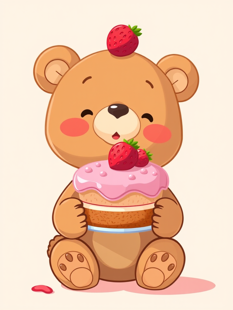 Create a cute illustration of a cartoon bear holding a pink strawberry cake, shot with a Canon EOS 5D Mark IV, 50mm lens, f/2.8 aperture, 1/125s shutter speed, and bright soft lighting for a whimsical look.