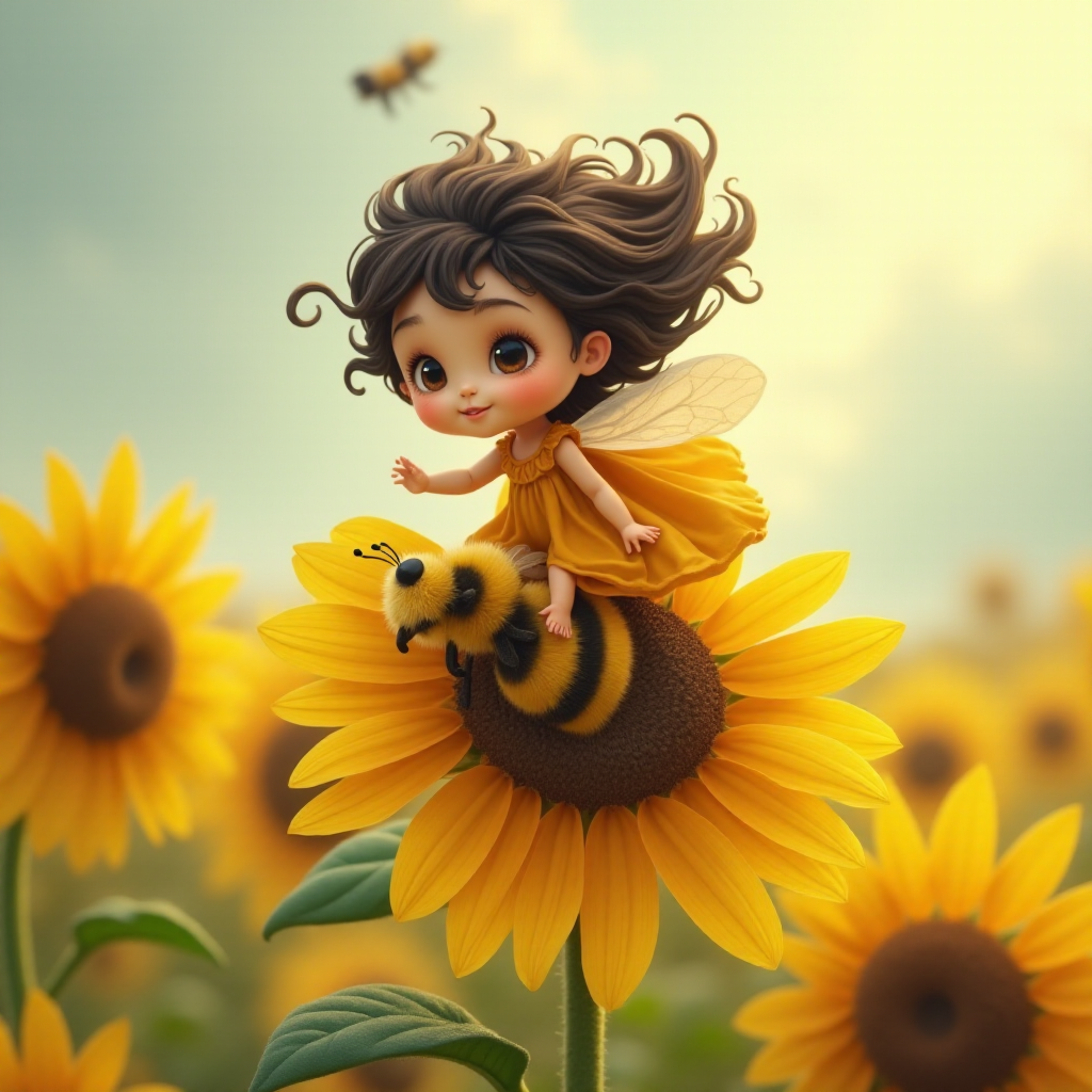 a whimsical cute girl with big eyes, big hair and flowing dress, riding astride a bumble bee, and flying across the top of the sunflower, which are just waking up, and catching dew drop of rain
