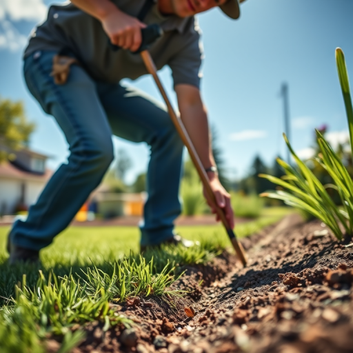 capture a landscaper installing sod on a sunny day with a shallow depth of field, using a Canon EOS R5, f/2.8 aperture, ISO 100, 1/500s shutter speed, 24mm lens, side view for dynamic perspective and enhanced details.