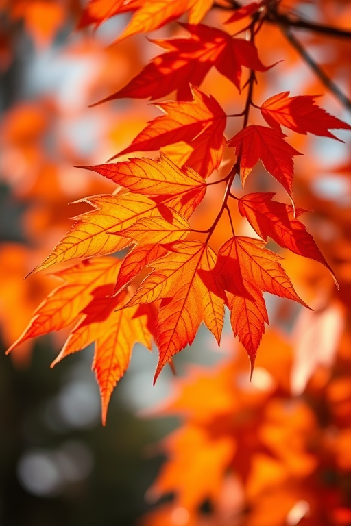 Regenerate the image of vibrant orange leaves with a soft blurred background using a Canon EOS R5, 85mm f/1.4 lens, aperture set to f/2.0, ISO 100, and a shutter speed of 1/200 sec, in natural light for enhanced color saturation.