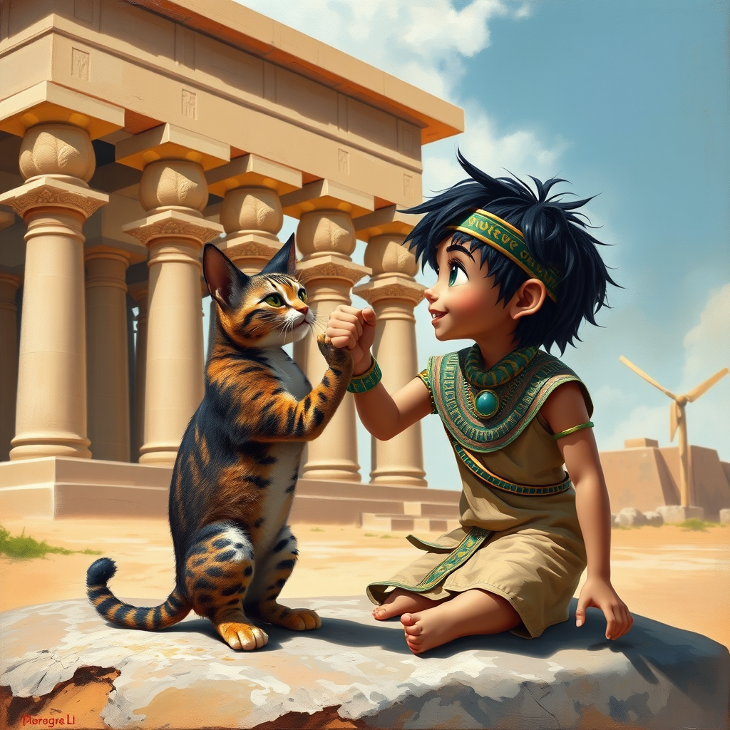Airbrush, whimsical, glossy oil painting, hyper realism of an Ancient Egyptian boy with black messy short hair, wearing an Ancient Egyptian outfit, bare feet, sitting on a stone in front of a temple, fist bumping with his Ancient Egyptian cat, the boy and the cat looking to each other proudly.