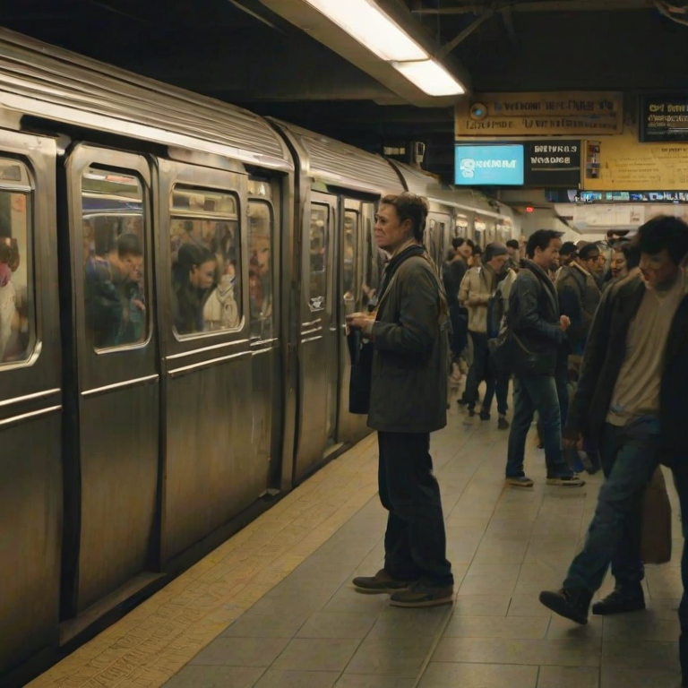 Busy subway station during rush hour, commuters rushing past, with advertisements lining the walls, a musician playing a cheerful tune on a corner, and the sound of trains approaching in the background.