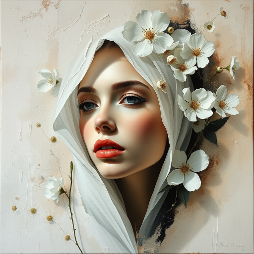 An ethereal woman emerges from a textured canvas, a modern abstract portrait shrouded in delicate mystery. Bold, expressive brush strokes, dynamic interplay of light and shadow. whites and creams, sense of purity and timelessness. Floral motifs bloom around her