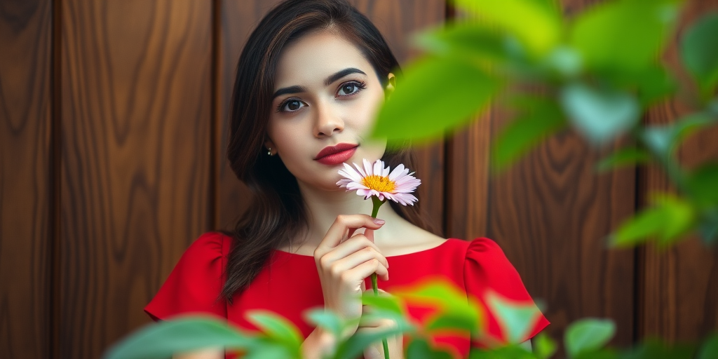 portrait of a woman in a red dress holding a flower, softly blurred greenery in the foreground, wooden background with intricate patterns, natural light, aperture f/1.8, ISO 200, 50mm lens, shallow depth of field, DSLR camera