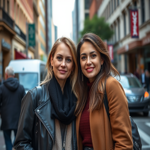 Capture a candid moment of two women standing on a city street, with natural light highlighting their expressions and outfits, using a DSLR camera with an aperture of f/2.8, ISO 100, 50mm lens, and shallow depth of field for a blurred background effect.