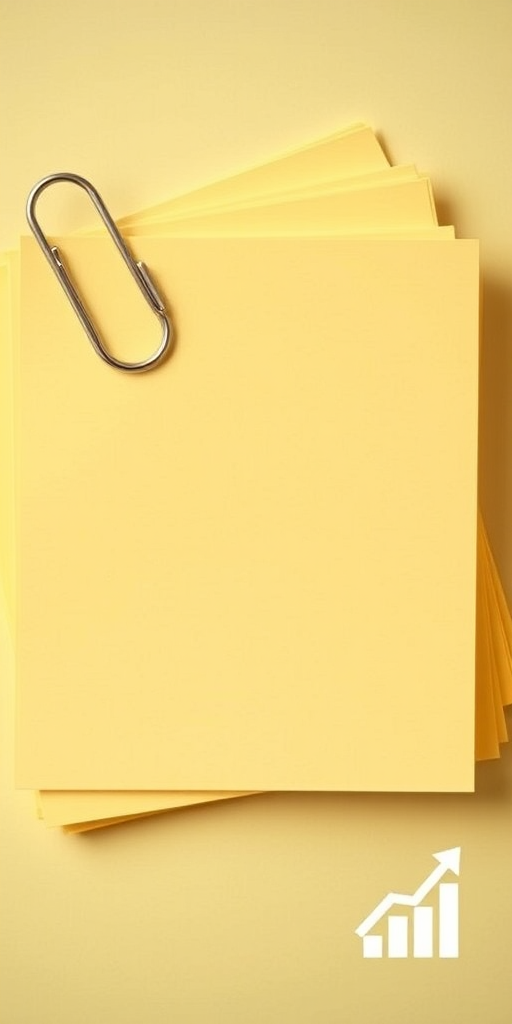Create a high-resolution image of a stack of yellow sticky notes with a paperclip on the left side, featuring a subtle growth chart icon in the bottom right corner, captured with a DSLR camera at 50mm focal length, f/2.8 aperture, ISO 100, top-down view with soft lighting to enhance details and colors.