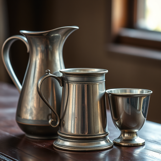 Create an image of three vintage metal vessels: a large pitcher, a medium mug, and a small cup, showcasing intricate details and reflections, captured with a DSLR camera at f/2.8, ISO 100, 50mm lens, in natural light with a shallow depth of field for enhanced focus on the textures.