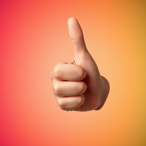 Generate a high-resolution illustration of a stylized thumbs-up hand gesture with a smooth, glossy finish against a vibrant gradient background, using a Canon EOS 5D Mark IV with a 50mm lens at f/1.8, ISO 100, aperture priority mode, and shot from a slightly elevated angle to enhance depth.